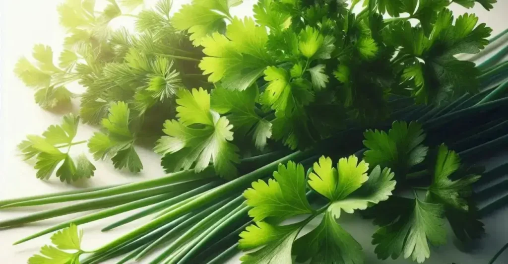 Fotografia em close-up mostrando as folhas frescas de salsa, cebolinha e coentro sobre fundo branco, com alta definição e texturas visíveis