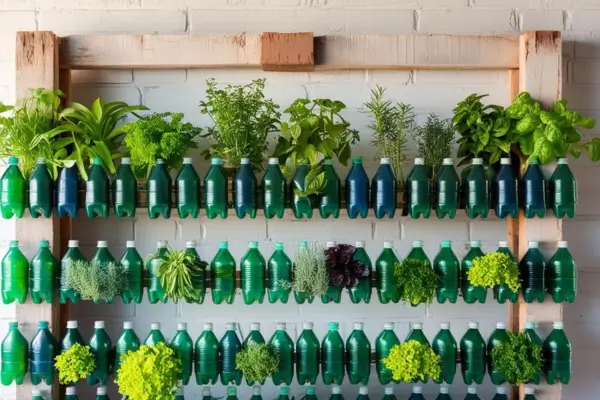 Jardim vertical com estrutura de madeira reutilizada e garrafas PET verdes recicladas, plantado com ervas e hortaliças.