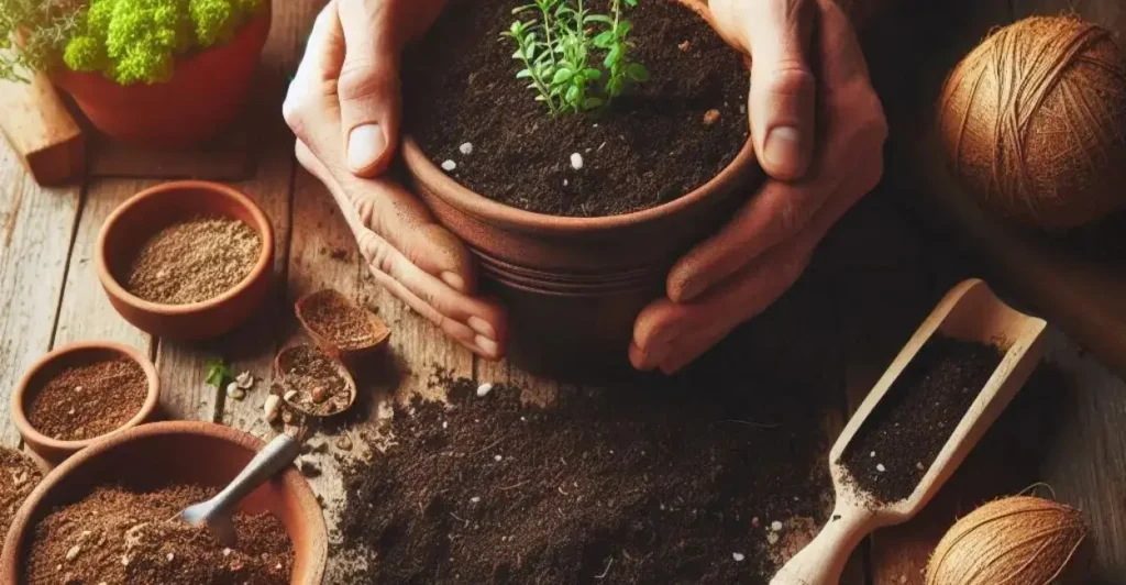 Mãos misturando substrato em um vaso pequeno, com terra vegetal, composto orgânico e fibra de coco