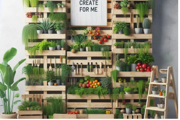 Jardim vertical criativo feito com paletes de madeira, repleto de plantas ornamentais, ervas, frutas e vegetais. Uma solução sustentável e decorativa para pequenos espaços, com ferramentas de jardinagem organizadas e uma escada ao lado para acesso fácil